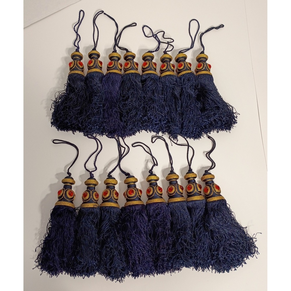 16 Navy Blue Gold Jeweled Tasseled Christmas Ornaments, Curtain Tassels, 7"